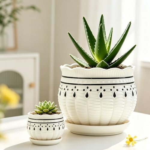 Vintage Flower Pots for Indoor Plant, Round Ceramic Plant Pots with Drainage Holes and Saucers, 6.7/5.2/3.9 Inches Retro Flower Planters Set of 3 - Image 2
