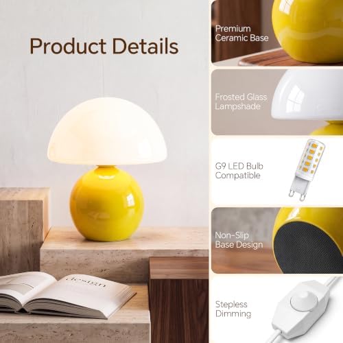Dawnwake Mushroom Lamp Table Lamp for Bedroom-Small Desk Table Lamps,Yellow - Image 6