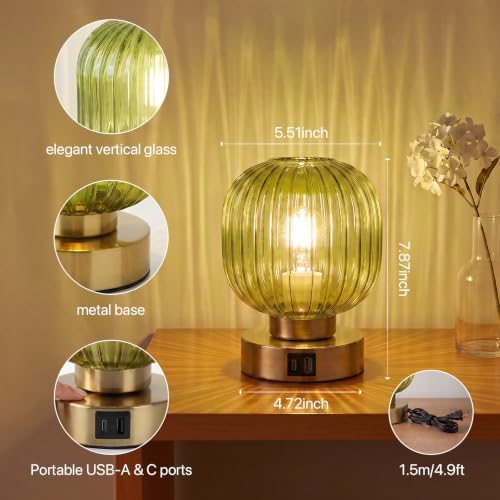 Elenhome Touch Small Table Lamp,Elegant Green Glass Bedside Lamp 3 Way Dimmable with USB C+A Charging Ports - Bedroom Nightstand & Living Room Essential, 4W Bulb Included (Green) - Image 5