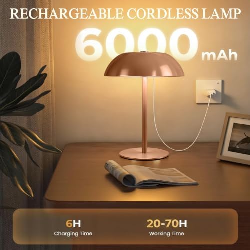 2 Pack Portable LED Mushroom Table Lamp, 12H Cordless Metal Night Light with Rechargeable Battery, Stepless Dimmable 3 Colors Desk Lamp for Bedroom Bar Coffee Shop(Camel) - Image 4