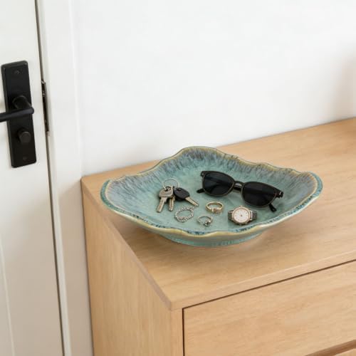 QIANLING 12" Green Decorative Bowl, Large Ceramic Fruit Bowl for Kitchen Counter, Decorative Large Shallow Ceramic Serving Bowl, Key Bowl for Entryway Table, Teal Tray for Home Decor - Image 5
