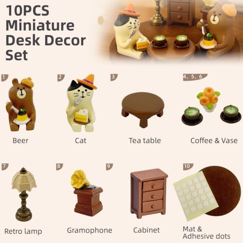 Miniature Animal Desk Decor Set, Cat & Bear Tea Party Scene Figurine - Image 4
