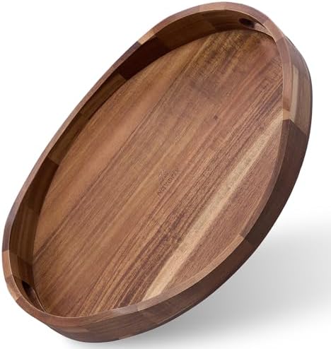 Acacia Wood Serving Tray with Handles - 17'' x 13'' Round, Decorative Ottoman Trays for Breakfast, Home Decor, Tea Party, Coffee Table, Candle Display, Kitchen Counter Board by Unknown