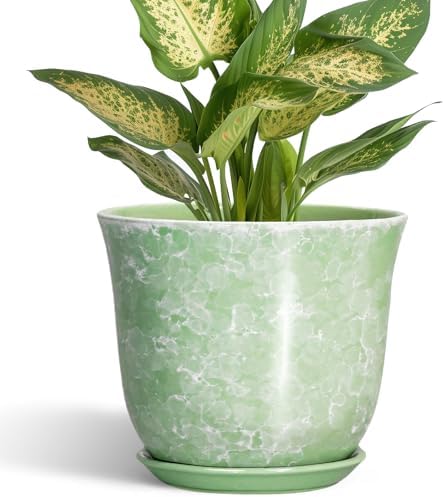 Ceramic Plant Pots - 5.6 Inch Plant Pot with Drainage Hole and Saucer, Round Orchid Succulent Pots for Indoor Outdoor, Small Modern Planter, Desk Window Room Decor, Green by SUNPOTFOR