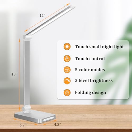 Dott Arts LED Desk Lamp with USB Ports,Touch Desk Lamps for Home Office with 5 Color Modes,3 Brightness Desk Light with Small Night Light,Reading Lamp Table LED Lamp for Bedroom Bedsid Study Sliver - Image 3