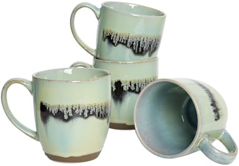 Bosmarlin Ceramic Coffee Mug Set of 4, 17 Oz, Coffee Cups with Big Handle, Microwave Safe, Unique Reactive Glaze (17 Oz, Turquoise Green Light) by Bosmarlin