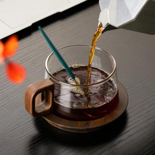 8oz Glass Coffee Mug with Walnut Handle Borosilicate Tea Cup (Smoke) - Image 3