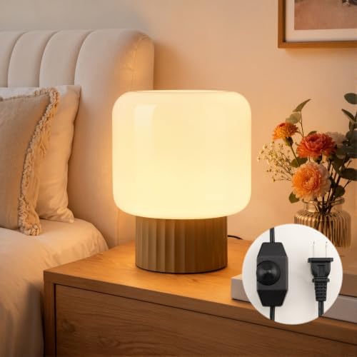 VOLISUN Mushroom Lamp, Plug-in Table Lamp with White Glass Shade, 2700K Warm White & Stepless Dimming, Modern Bedside Lamp for Bedroom, Living Room and Home Decor, 1 Pack (Brown) by VOLISUN