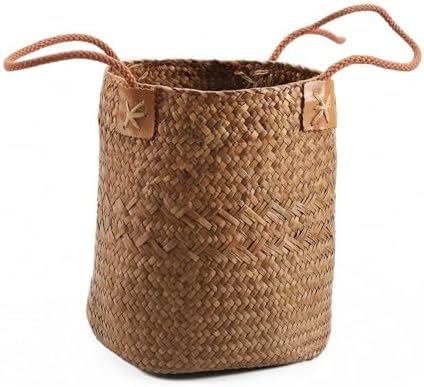 Handmade Basket Woven Organizer Basket Round Storage Bin With Open Top And Leather Strengthened Border Handcrafted Seagrass Weave Suitable for shelves, Coffee, Small by MYCENSE