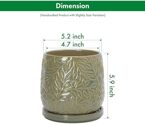 D'vine Dev Embossed Leaves Ceramic Planter, 5 in, Olive, 27-A-V-0 - Image 3