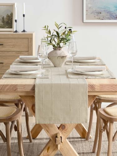 ZeeMart Linen Checked Farmhouse Table Runner, 13x48 Inches Oatmeal - Image 2