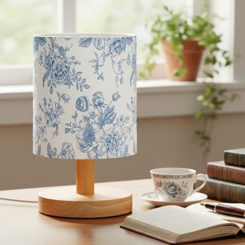 VIHOSE Bedside Table Lamp Table Lamp Vintage Nightstand with Linen Fabric Shade Solid Wood Base Decoration for Kids Living Room Bedroom Desk Dorm(Blue Floral,Blue) - Image 2