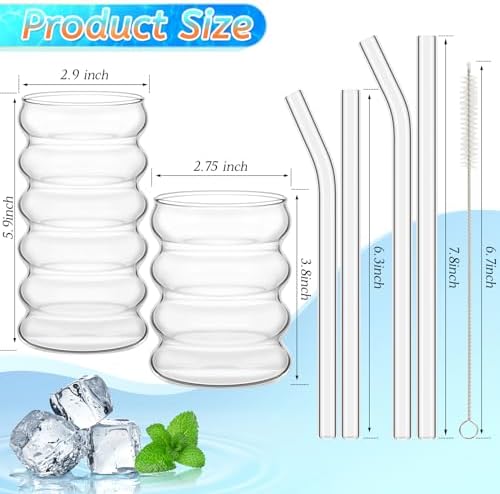 Tessco for you 4 Pcs Creative Glass Cups Vintage Drinking Glasses Ribbed Glassware Aesthetic Cup Entertainment Dinnerware Glassware with Straws Set for Kitchen Coffee Beverage(13.5 Oz, 16 oz,Clear) - Image 2