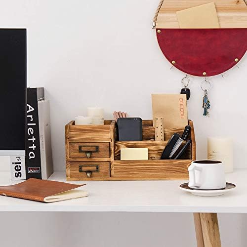 Liry Products Rustic Wooden Desktop Organizer Office Supplies Brown Tabletop Storage Cabinet Stepped Rack Multiple Compartments 2 Tier Drawers Makeup Accessory Jewelry Sorter Display Box Home Office - Image 5