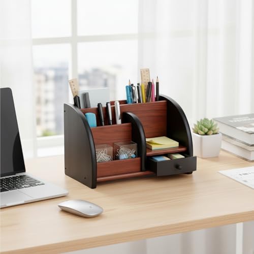 Wood Desk Organizer, Walnut Brown Table Top Organizer, Handcrafted Wooden Desktop Storage for Pens, Office Supplies, and Small Items.. - Image 3