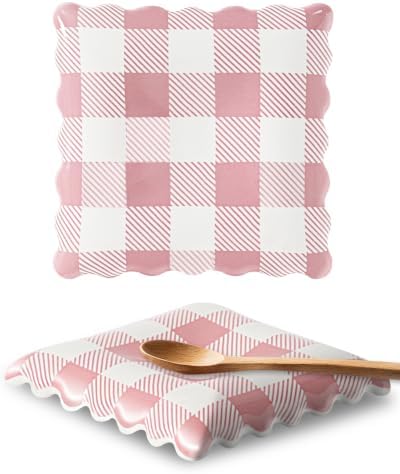 Ceramic Spoon Rest, Pink Gingham Spoon Holder for Stove Top Kitchen Counter Coffee Station, Cute Kitchen Decor by Swkien