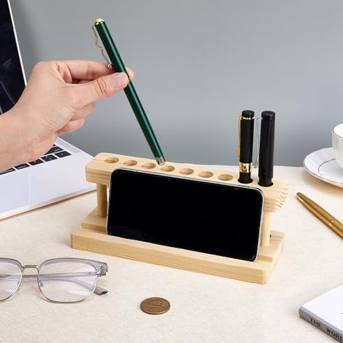 PH PandaHall Wooden Pen Display Stand Wood Pencil Holder for Desk, Solid Wood Pen Organizer with 9 Slots and Phone Holder for School Office Home Store, 7.87x3.15x2.68 inches - Image 3