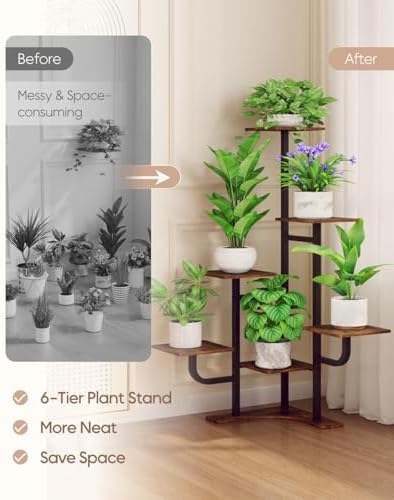 Homsorout Corner Plant Stand Indoor - 6 Tiered Indoor Plant Stand Square Metal Plant Shelf, Plant Organizer for Living Room, Graden, Balcony, Home Decor, Brown - Image 5
