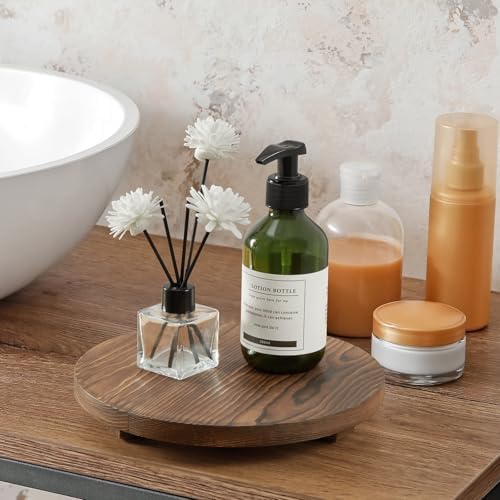 Small Round Decorative Tray Burnt Wood Bathroom Counter Organizer Pedestal Stand Farmhouse Kitchen Decor Wooden Riser for Soap Dish, Perfume, Candle, Sponge, 9" - Brown - Image 7
