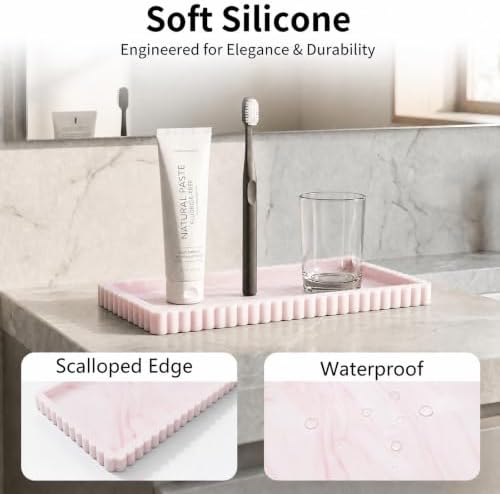 Bathroom Vanity Tray - 9.4''x3.9'' Silicone Bathroom Tray with Scalloped Edge, Counter Top Tray for Vanity Sink Countertop, Decorative Organizer for Cosmetics Jewelry, Rectangular, Marble White Pink - Image 3