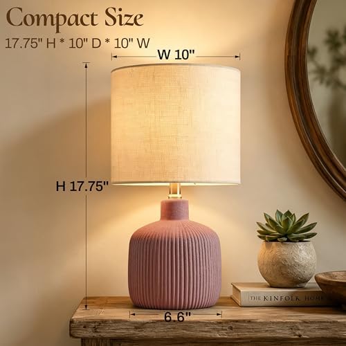 Ceramic Table Lamp, 17.75" Rustic Farmhouse Bedside Lamp with Beige Linen Shade, Warm Ambient Nightstand Lighting for Bedroom or Living Room, Painted Terra - Image 3