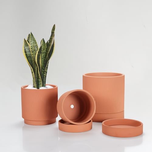 HERDUK Modern Terra Cotta Pots, 6 Inch 5.1 Inch 4 Inch Ribbed Textured Clay Planter Set with Drainage Holes & Saucers, Garden Pots for Indoor/Ourdoor Plants Succulent, Cactus & Herb by Herduk