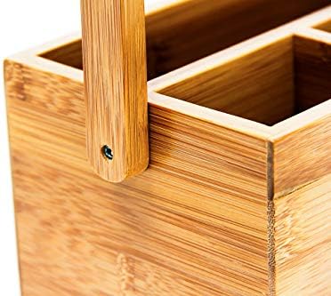 Relaxdays Bamboo Table or Desk Organiser, HxWxD: 20 x 25 x 11.5 cm, with 4 Compartments, Pen or Pencil Holder, with Handle, Natural Brown - Image 7