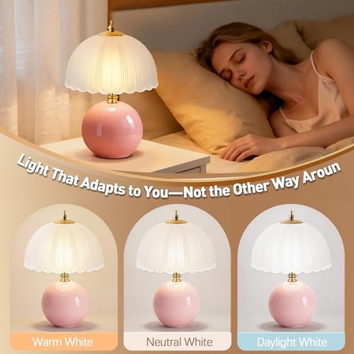 PARTPHONER Mushroom Table Lamp, Ceramic Bedside Lamp with Glass Shade, 3-Way Lighting (2700K-5000K) Rocker Switch, Small Nightstand Lamp for Bedroom, Living Room, Office, Pink - Image 3