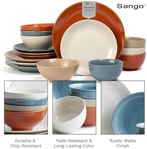 Sango Siterra Painter's Palette 16-Piece Stoneware Dinnerware Set - Service for 4, Ceramic Plates and Bowls Sets, Chip Resistant, Rustic Dishware, Microwave & Dishwasher Safe Kitchen Dishes - Image 3
