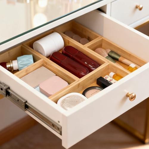 Bamboo Drawer Organizers Set with Removable Dividers, 5PCS Adjustable Multi-Use Wood Storage Organizers(5-9 Grids), Desk Drawer Tray for Bathroom, Office, Dresser, Storage Box for Jewelry, Makeup - Image 6