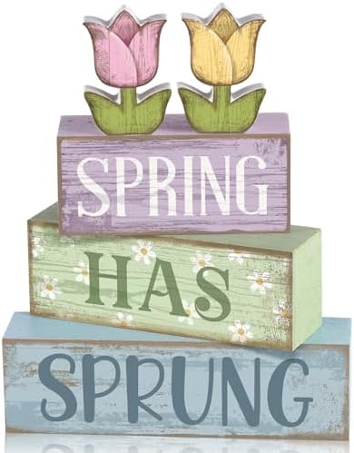 Moucuny 4 Pcs Spring Wooden Block Signs Farmhouse Tray Decor Tulips by Moucuny