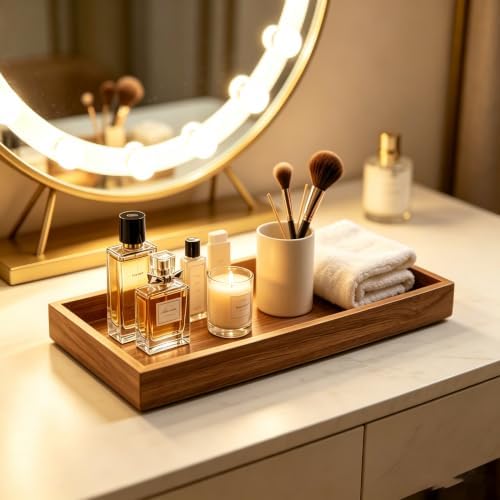 13 Inch Wood Bathroom Vanity Tray, Decor Catchall Storage Organizer for Makeup, Perfume, Jewelry, Soap Dispenser, Multi-Purpose Acacia Wooden Tray for Toilet Tank, Coffee Table & Kitchen Counte - Image 3