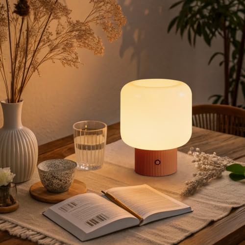 MAGCHARM Halo Mushroom Lamp, 5W Cute Cordless Rechargeable Table Lamp with Glass Shade, 3-Color Dimmable Small Retro Touch Bedside Lamp for Bedroom Ambient Decor (Orange) - Image 3