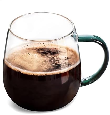 Clear Glass Mug with Handle, Dark Green Handle 16 oz, High Borosilicate Glass Mug for Large Glass Coffee Mugs with Handle, Drinking Mugs with Handle, or as a gift!… by MAQQL