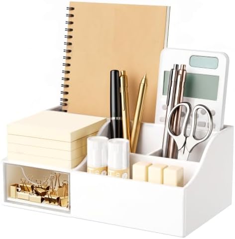 HBlife Acrylic Desk Organizer with Drawer, Pen & Pencil Holder, Multifunctional Desktop Caddy for Office Supply and Organization (White) by HBlife
