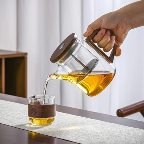 Glass Teapot, 700ml, Stovetop Safe, Walnut Wood Handle, Removable Stainless Steel Infuser, Non-Drip Spout - Image 4