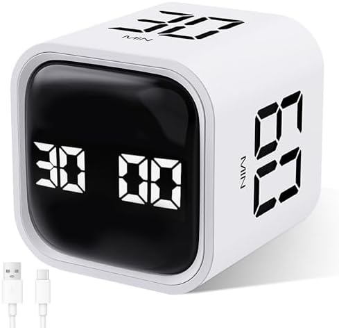 GuDoQi Multi-Function Cube Timer, 5/10/30/60 Min & Custom Count Down, Included Pause & Resume Feature, Silent, Vibrate & Adjustable Sound Alarm for Productivity in Tasks, Study & Kitchen, White by GuDoQi