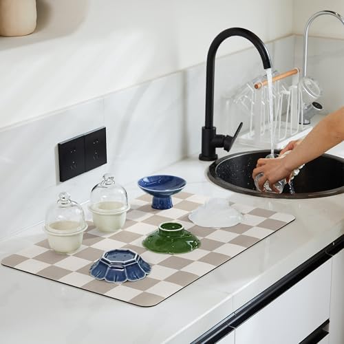 Ohocut Checkered Dish Drying Mat for Kitchen Counter, Coffee Bar Station Accessories, Retro Cute Aesthetic Modern Absorbent Drainer Mat Kitchen Drying Mat Easy Clean, Khaki 12" x 19" - Image 2