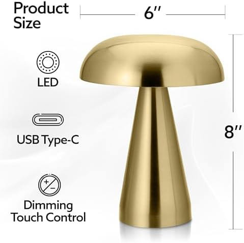 Brushed Gold Mushroom Table Lamp, Cordless Rechargeable LED Metal Lamp, Tap Touch 3-Color Modes Changing Light, Small Portable Accent Lamp for House, Restaurant, Hotel, Bars, Travel, Emergencies - Image 6