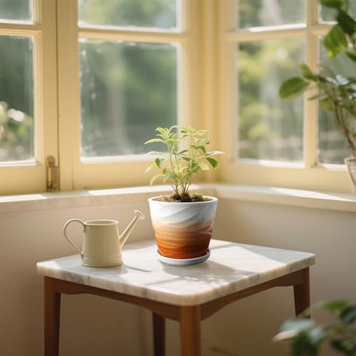 Ceramic Plant Pot, 6.7 + 5.5 Inch, Khaki + White - Image 4