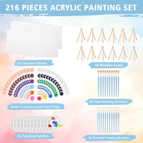 Qilery 36 Set 6 x 6 Inch Mini Canvas Boards with Easel Painting Kit, Acrylic Paints Strips, Brushes, Palette, Oil Art Set for Acrylic Birthday Party Favors - Image 3