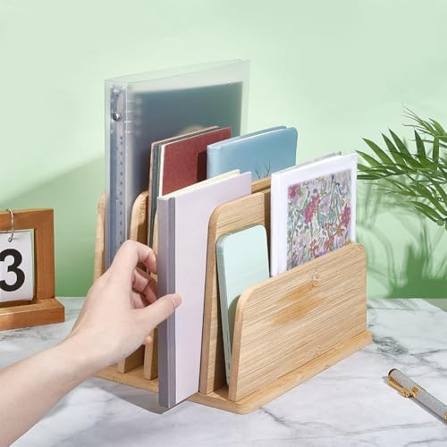 UNICRAFTALE 5-Slot Bamboo Paper Organizer Stand Vertical Desktop File Rack Modular Letter Holder for Home Office Countertop Mail Sorter 7.5x9.8x7.1 Inch - Image 4