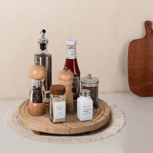 Round Decorative Tray Farmhouse Bathroom Decor Wood Riser, 12" Burlywood - Image 2