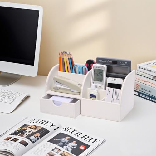 KINGFOM Pu Leather Desk Organizer Pen Pencil Holder Office Supplies Caddy Storage Box 6 Compartments with Drawer White (Full Pu Leather) - Image 2