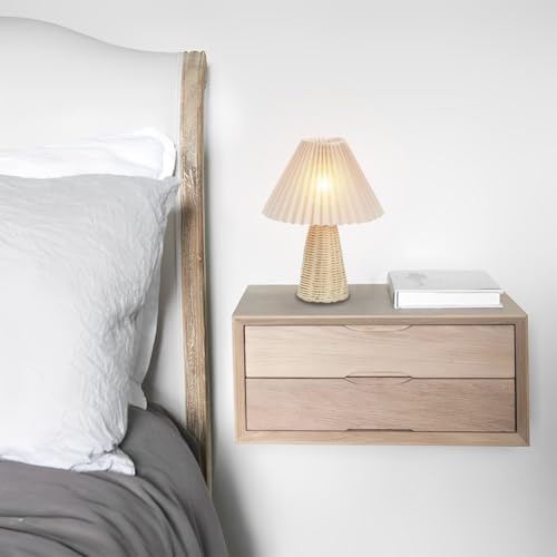 Tiiyee Small Table Lamp, Pleated Table Lamp Bedside Night Lamp with Rattan Base Fabric Pleated Lampshade Vintage Design Soft Warm Light for Bedroom Decor Living Room Reading Office Dorm Coffee Shop - Image 4