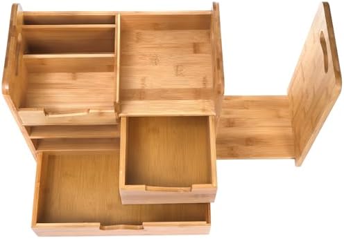 ZOOFOX Bamboo Desk Organizer with Adjustable File Holder, Mail Organizer Countertop with Drawer, 4-Tier Desktop Organization and Desk Accessories for Home Office School Supplies, No Assembly Required - Image 3