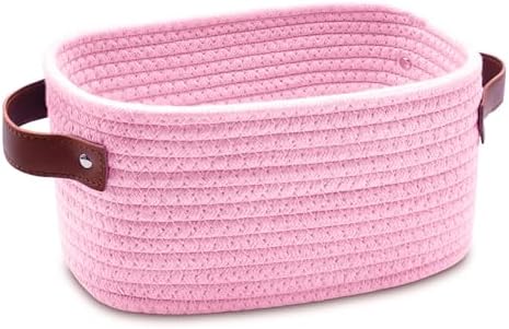 ABenkle Small Storage Basket, Mini Baskets with Handle, Cute Cotton Woven Baskets for Shelves, Boho Decorative Toy Storage Bin for Nursery, Spa, Empty Gift Basket - XS, Pink by ABenkle