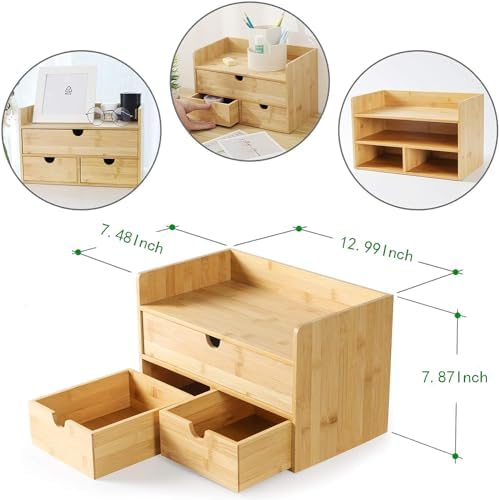 Bamboo Desk Organizer with Drawers, 3-Drawer Desktop Storage Box - Image 3