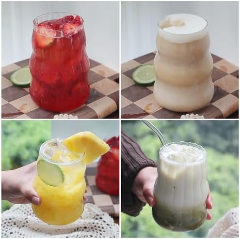 4 Pcs Ribbed Glass Cups, Vintage Drinking Glassware with Glass Straw 18 Oz Bubble Iced Coffee Cup for Juice, Tea, Beverage, Milk, Beer, Cocktails Ideal for Gift - Image 6
