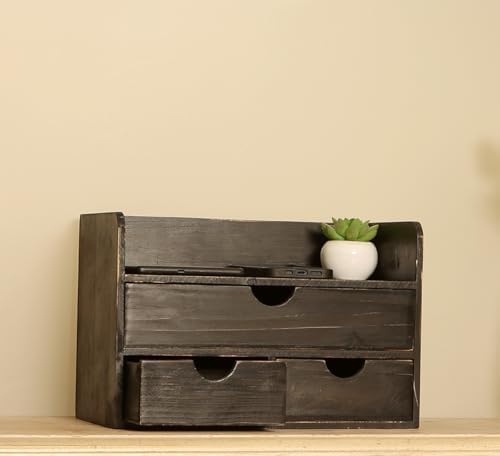 Vintage Rustic Wooden 3 Drawer with Shelf Office Desk Organizer & Mail Rack For Desktop,makeup holder Box for Office Home Toiletries Supplies Vanity, No Assembly Required (Rustic Black) by Juleduo